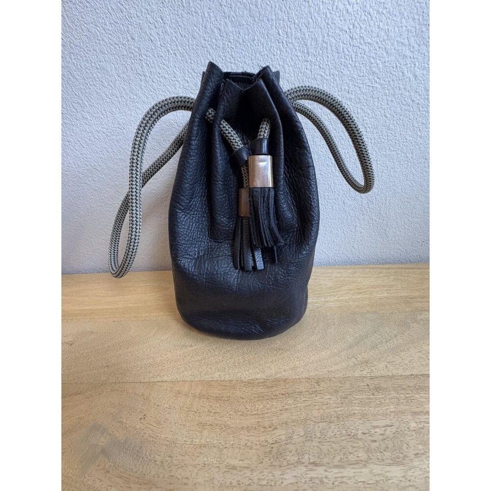 Black Leather Mini Drawstring Bucket Bag with Tassel